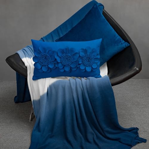 JWH 3D Flower Throw Pillow Cover, Royal Blue, 12x20 Inches