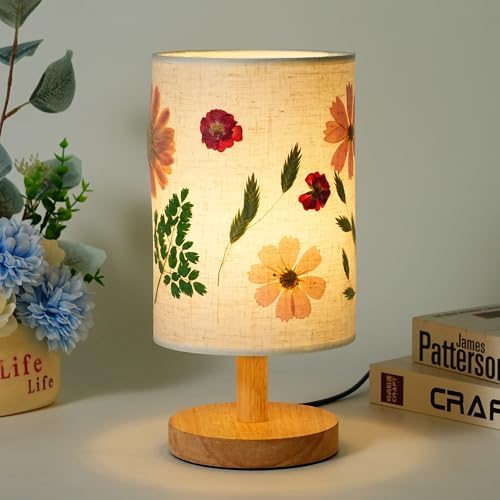 Decorative Table Lamp with Floral Shade Design, Wooden Base, Fabric Lampshade, Ambient Lighting for Bedroom, Living Room (Beige)