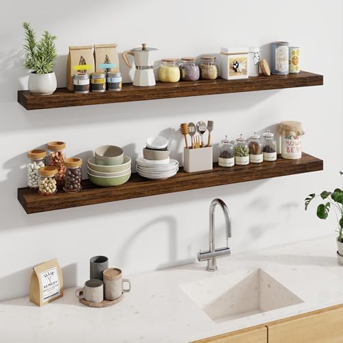 Fun Memories 60 Inch Fireplace Mantel - Long Floating Shelf, Wall Mounted Farmhouse Display with Invisible Heavy Duty Metal Bracket, Brown, 2 Pack