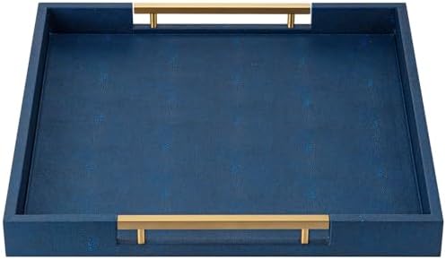 Navy Blue Faux Leather Large Square Decorative Serving Tray with Handles – for Coffee Table, Ottoman, Living Room, Bathroom & Home Decor