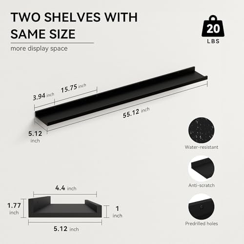 Boswillon Floating Shelves Set of 2, Long Wall Shelf with Lip, 56in, Black