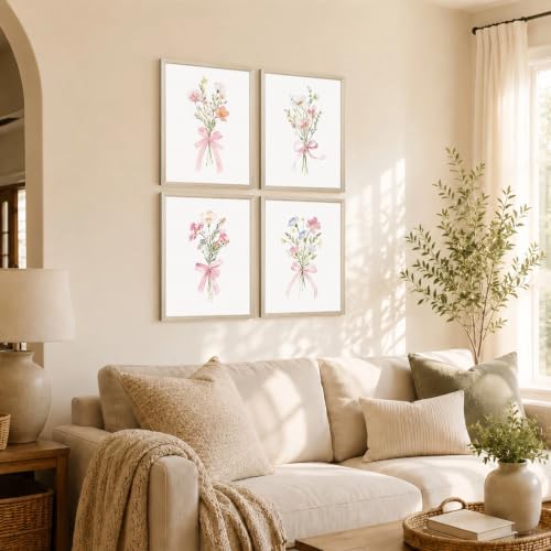 Pink Flower Wall Art Decor Cute Floral Pictures Coquette Bow Girl Prints | Nursery Canvas Wall Art Aesthetic Poster Painting Pink Floral Artwork for Teen Girls Room 12x16 Inch Framed Set of 4