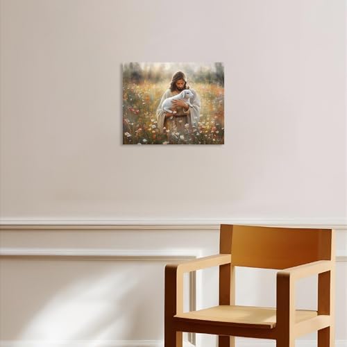 B BLINGBLING Jesus Holding Lamb Wall Art Christian Canvas Print for Home Decor | Inspirational Religious Picture for Living Room Bedroom Church Office | Ready to Hang | 12x15 inch