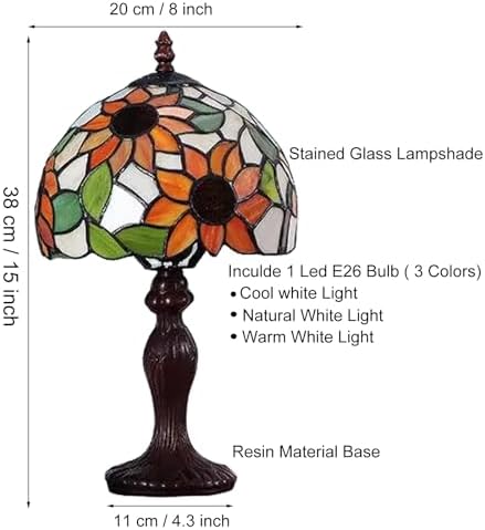 Tiffany Table Lamp,3 Color-Temperature Sunflower Stained Glass Lamp,8X8X15 Inch Small Accent Antique Nightstand Bedside Table Lamps for Bedroom Living Room Home Office Light +LED Bulb