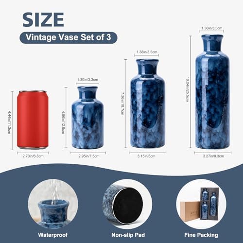 Blue Ceramic Flower Vase Set of 3, Modern Farmhouse Country Costal Vase for Home Decor, Decorative Vase for Table Entryway Mantel Fireplace Centerpieces Living Room Bathroom Decor(Cobalt Blue)