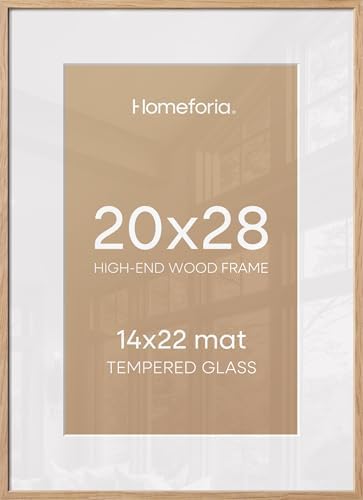 Homeforia 20x28 Natural Oak Picture Frame, High-End Wood, 14x22 Mat, Glass