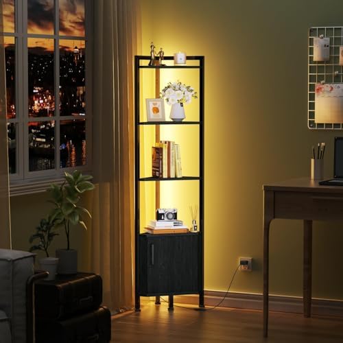 Furnulem 5-Tier Corner Shelf with LED Light,Black Corner Cabinet with Doors