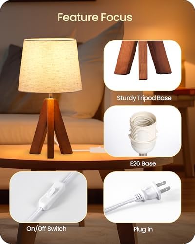 Tripod Table Lamp, 14.6 Inch Small Bedside Lamp with Beige Linen Shade, Modern Nightstand Lamp for Bedroom, Kids Room, Living Room, Nursery, Office, E26 Socket, Dark Wood Base, LE51TL05