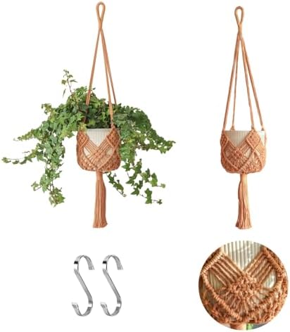 Hanging Planter with Patterns,2Packs Macrame Plant Hangers Indoor Macrame for up to 8 inch Pot Crochet Boho Plant Hanger Holder for Indoor Outdoor with 2S Shaped Stainless Steel Hooks (Caramel)