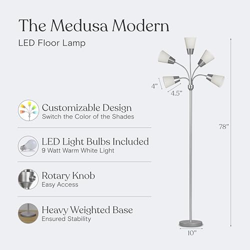 Brightech Medusa Modern LED Floor Lamp – Multi Head Floor Lamp for Living Rooms & Offices – Tall Lamp with Interchangeable Shade, Standing Lamp with 5 LED Bulbs for Hobbies - Silver