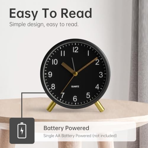 JALL Analog Alarm Clock, 4 inch Super Silent Non Ticking Small Clock with Night Light, Battery Operated, Simple Design, Easy Setting for Office, Bedroom, Bedside, Desk, Teens, Elders, Adult, Black