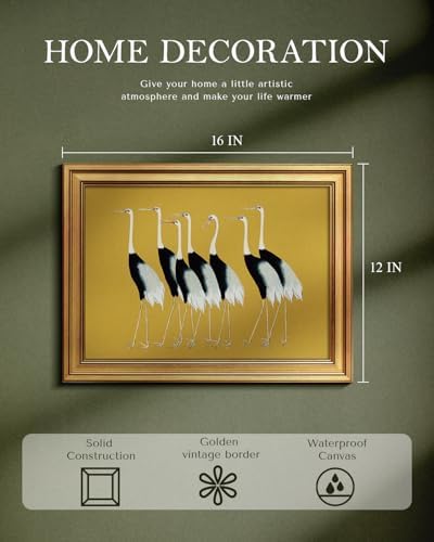 WHASAYART Gold Framed Vintage Wall Art for Living Room, Animals Painting Prints Shelf Decor for Kitchen, Aesthetic Bedroom Wall Art Decor, Gifts for Friends or Family Seven Cranes 12"x16"