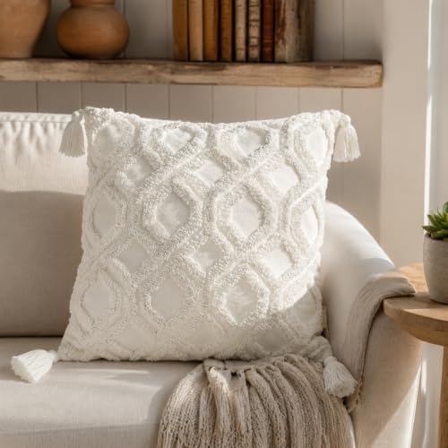 Boho Pillow Covers 18X18 Inch Boho Tufted Throw Pillow Covers Decorative Tassels Cushion Cover Farmhouse Pillow Case for Couch Sofa Bed Living Room Bedroom,Off-White