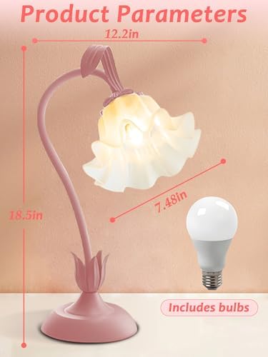 Flower Table Lamp, LED Reading Light Bedside Vintage Night Light (Pink)