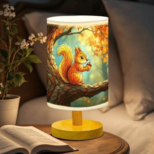 Squirrel Table Lamp LED 3-Color Pressed Bedside, Squirrel Shade Lamp with Wood Base for Bedroom Living Room Desk Office TL01