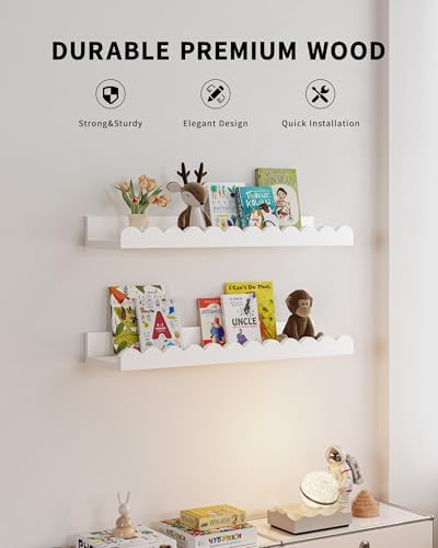 Shario Nursery Book Shelves, 4-Pack White Floating Shelves for Wall Kids, Scalloped Shelves, Wall Book Shelves for Bedroom Kids, Toddler Room, Baby Room, Nursery Decor