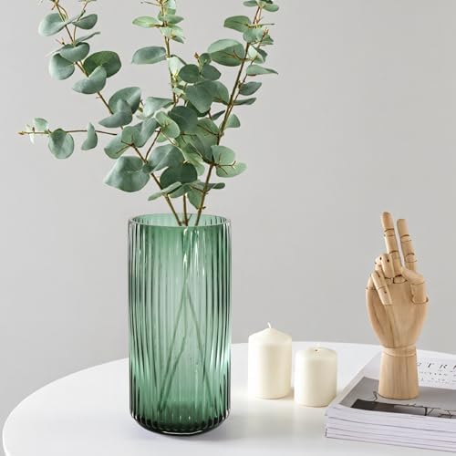 8 Inch Tall Emerald Green Glass Vases for Flowers-Vintage Decorative Ribbed Glass Cylinder Vase for Table, Countertops, Shelves, Flower Vase for Home Decor, Wedding Centerpieces, Kitchen
