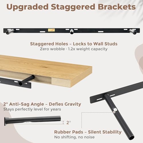FLYJOE 48 Inch Floating Shelves for Wall Set of 2, 6.5" D Wood Grain Bathroom Shelves with Invisible Brackets, Easy Install Engineered Wood Storage Shelves for Kitchen, Living Room, Bedroom
