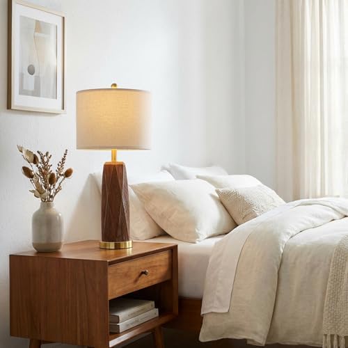 BOBOMOMO 27.5" Table Lamps Set of 2 with USB-A & USB-C Charging Ports, Wood Texture Resin Bedside Lamps with Linen Shade & Rotary Switch, Tall Nightstand Lamps for Bedroom, Living Room Office