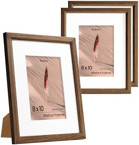 Fun Memories 8x10 Oak Picture Frame for Wall, 8x10 Frame with Matted to 5x7, Solid Wood Picture Frames for Wall Art Photo and Prints (Walnut, 3 Pack)