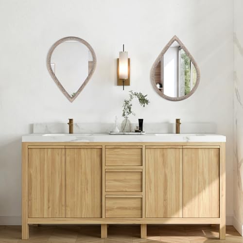 Small Mirror for Wall Solid Wood Bathroom Mirror Farmhouse Teardrop Wall Hanging Mirrors Decorative for Entryway Hallway Living Room Bedroom Retro Brown
