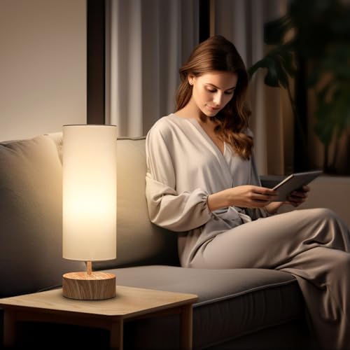 Touch Table Lamp with Wood Grain Metal Base, 3 Way Dimmable Bedside Lamp
