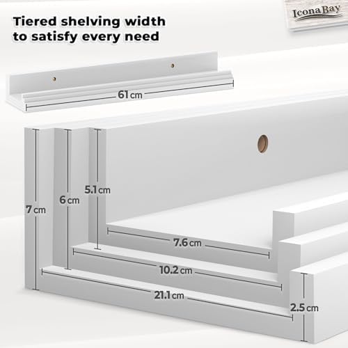 Icona Bay 24 Inch Floating Shelves for Wall - Set of 3 in Powder White - Modern Rustic Style - Wall Mounted Display Shelves - Picture Ledges