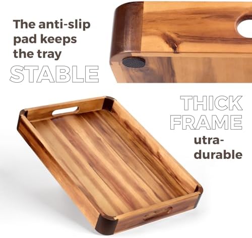 22 x 15.7 Inch Large Acacia Wood Serving Tray with Handles, Extra Spacious Decorative Wooden Tray with Dark Walnut-Tone Curved Corner Accents for Coffee Table, Ottoman & Kitchen Counter