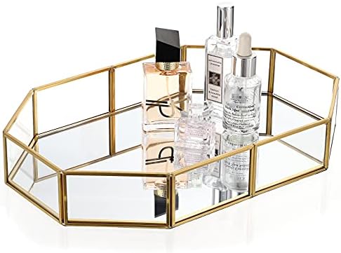 Hipiwe Gold Perfume Tray - Glass Mirrored Makeup Tray, Large 12.4"x 8.2"