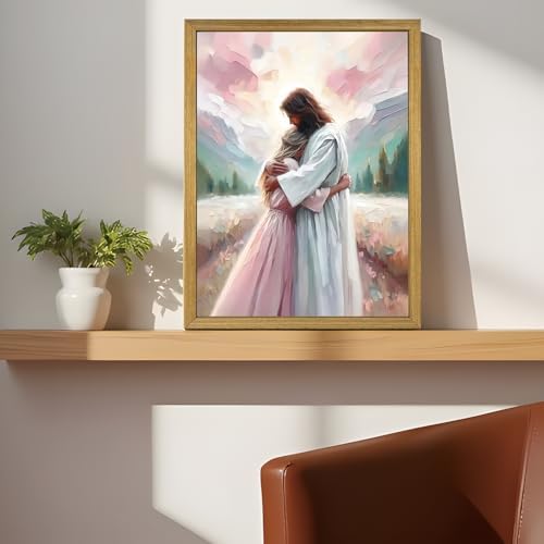 Pink Jesus Wall Art, Christian Canvas Wall Decor Paintings, Jesus Healing Embracing Woman Posters Print Artwork, Pink Room Decor for Living Prayer Church Bedroom 8x10 inch Framed