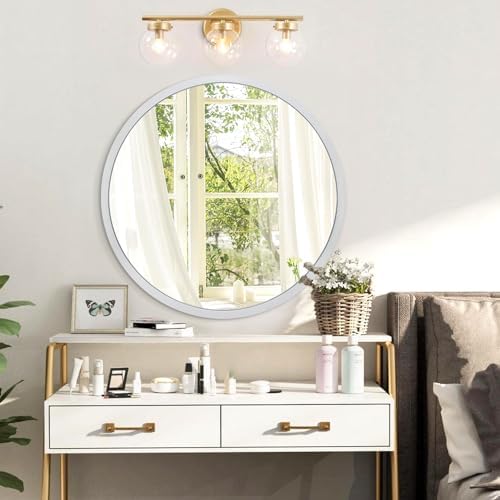 JJUUYOU Round Mirror Sliver Round Wall Mirror Metal Frame Bathroom Mirrors Circle Mirrors for Wal Living Room Bedroom Vanity Entryway Hallway 20 inch