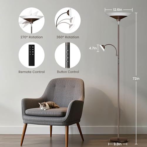 SIBRILLE Brown Torchiere LED Floor Lamp - 72" Rotating Standing Lamp with Remote, 34W Dimmable Floor Light with Color Changing, Tall Bright Corner Lamp for Reading Living Room Bedroom Office