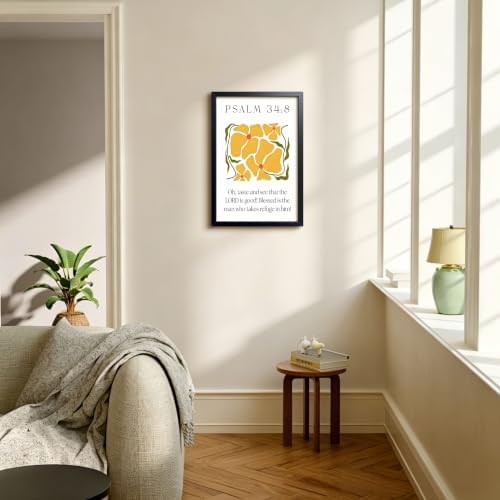 Framed Psalm 34:8 Bible Verse Wall Art, Christian Floral Canvas Wall Decor Painting, Boho Floral Religious Inspirational Scripture Print Poster Picture for Living Room Bedroom Prayer Room Home Decor 16x24 Inch