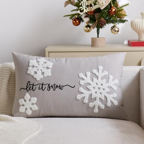 Gray Christmas Pillow Covers 12x20 Inch Embroidery Snowflake Xmas Decorative Lumbar Throw Pillow Cover Winter Holiday Pillow Case Cushion Cases for Sofa Couch Living Room Decorations Green