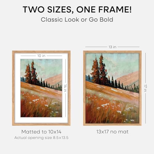 Homeforia 13x17 Natural Oak Picture Frame, High-End Wood, 10x14 Mat, Glass