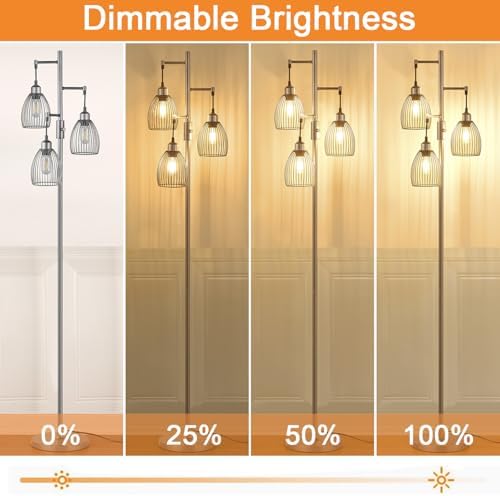 Torondo Dimmable Industrial Floor Lamps for Living Room, Gray Tree Standing Tall Lamps with 3 Elegant Teardrop Cage Head & 800 Lumens LED Bulbs for Bedroom Office