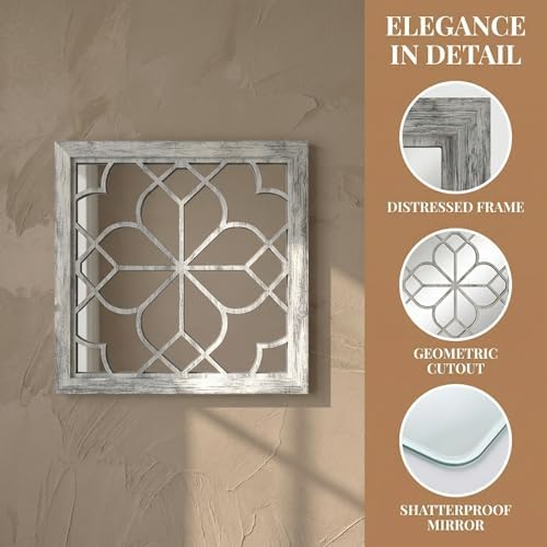 Set of 2 18 Inch Large Square Grey Window Pane Wall Mirrors, Shatterproof Rustic Farmhouse Boho Vintage Accent Mirrors for Living Room, Bedroom, Bathroom, Entryway & Home Decor