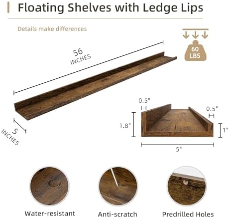 Acovy Picture Ledge Shelf, Wood Long Floating, Set of 2, 56 inch, Brown