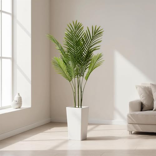 Artificial Palm Tree in White Tall Planter, 4.8FT Faux Tropical Plants Artificial Tall Trees with Lifelike Leaves for Indoor Outdoor Front Door Living Room Office