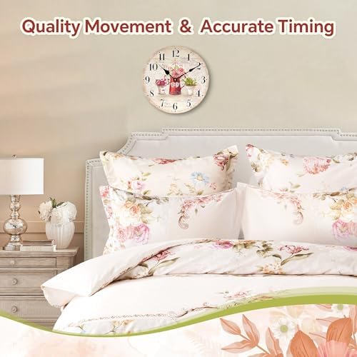 TAHEAT 8 Inch Plants Flowers Wall Clock, Small Vintage Kitchen Clocks Decorative, Rustic Battery Operated Wall Clocks for Living Room Bedroom Bathroom Office