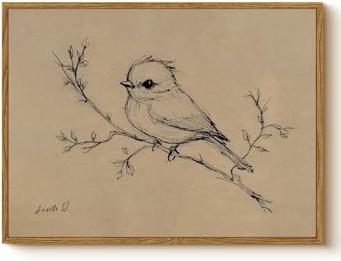 WHASAYART Framed Canvas Decor Vintage Minimalist Bird Sketch Wall Art 12x16 | Minimalist Line Drawing Black Neutral Painting Print, Rustic Modern Nature Artwork for Living Room Entryway Farmhouse Office