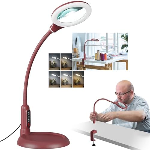12X Magnifying Glass with Light and Stand, Real Glass, LED 5 Color Modes, Brightness Stepless Dimming Lighted Magnifier Hands Free, Flexible Gooseneck Desk Lamp with Clamp for Close Work, Craft, Red