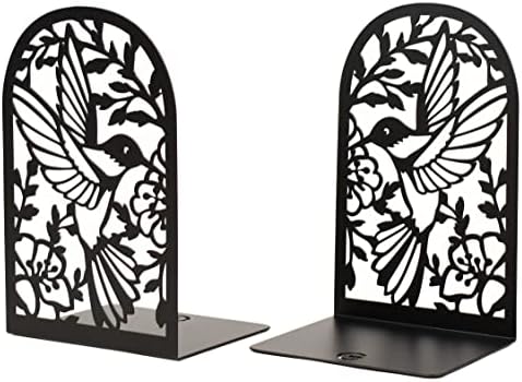 CNK Premium BookEnds - Heavy Duty Metal Book Stoppers for Home Office, Decorative Book Shelf Holders (Hummingbird Black)