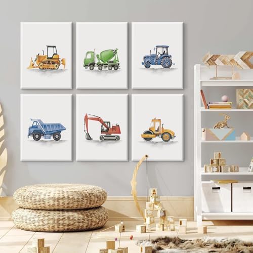 Boys Truck Wall Art Set of 6 Truck Vehicle Canvas Wall Decor Toddler Construction Wall Art Watercolor Playroom Kids Pictures Prints Nursery Artwork for Room Bedroom 12x16 Inch Framed
