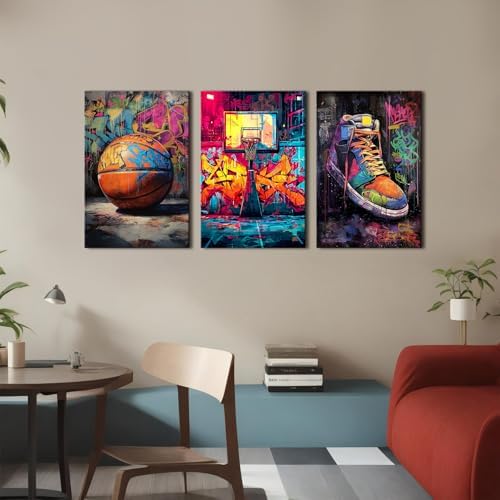 Basketball Graffiti Canvas Wall Art Abstract Banksy Sports Wall Decor for Teen Boys Room Street Pop Art Retro Basketball Court Posters Prints Artwork Man's Bedroom Playroom Decorations 16x24 3Pcs