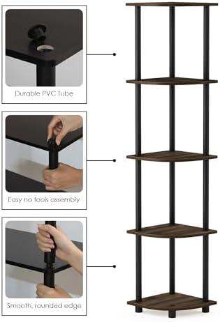 Furinno TURN-N-TUBE Corner Shelf Set of 2, 5-Tier Corner Bookshelf, Open Storage Shelves, for Organization and Storage, Living Room, Home Office, Garage, Columbia Walnut