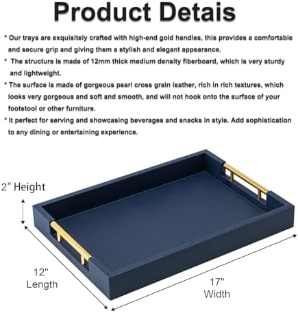Navy Blue Faux Leather Serving Coffee Tray with Gold Handles,Rectangle Decorative Trays for Home Decor Large Ottoman Tray for Living Room