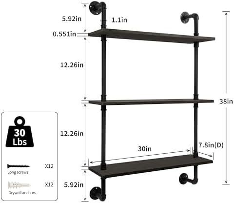 3-Tier Industrial Pipe Floating Shelf – Rustic 30 inch Wood Wall-Mounted Storage Shelf for Kitchen Office,Bathroom & Home Decor -Black