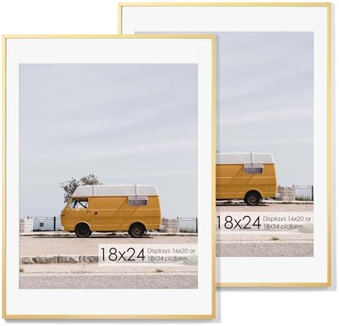Fun Memories 18x24 Aluminum Poster Frame, 18 x 24 inch Metal Picture Frames with Real Glass Front, Displays 16x20 Photos with Mat or 18x24 Images without Mat - Gold - Set of 2