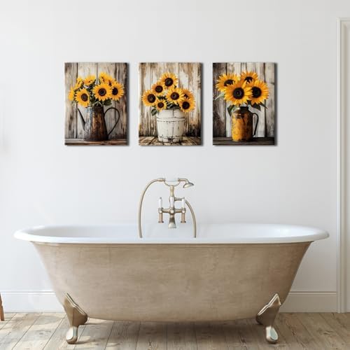 Sunflower Wall Art Farmhouse Sunflowers Pictures Wall Decor for Kitchen Rustic Flowers Painting Poster Vintage Country Floral Prints Canvas Artwork for Bathroom Office Home Decorations 12x16" 3Pcs